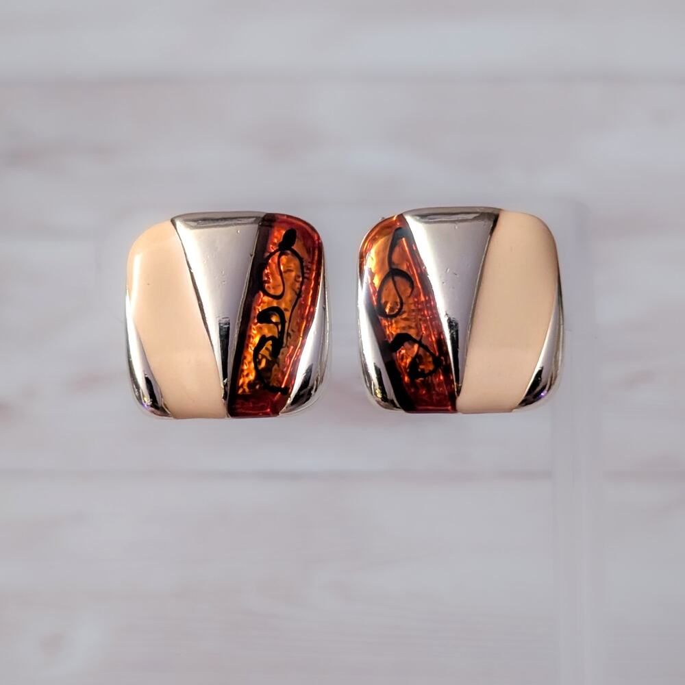 Vintage Clip On Earrings Retro Orange & Cream Tones Large Statement